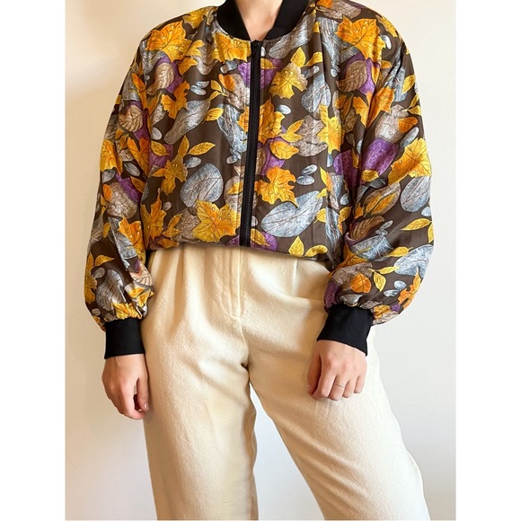 Vintage 100% Silk Bomber Black Jacket Fall Autumn Leaves Pattern S-L Unisex - Picture 2 of 12